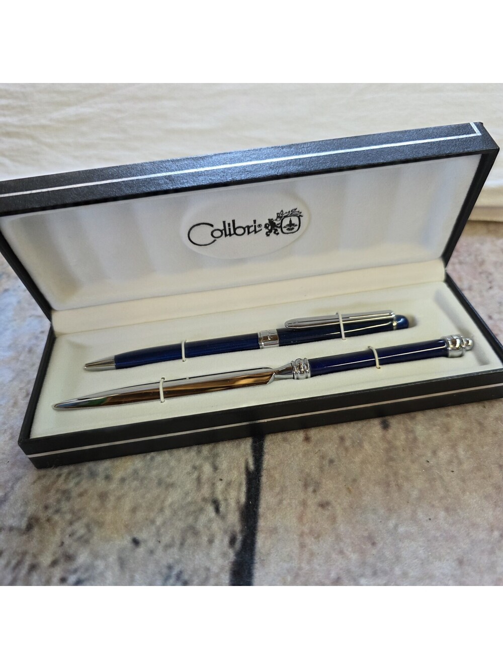 Colibri of London Blue Lacquer Pen Letter Opener Original Box Silver Grip Twist